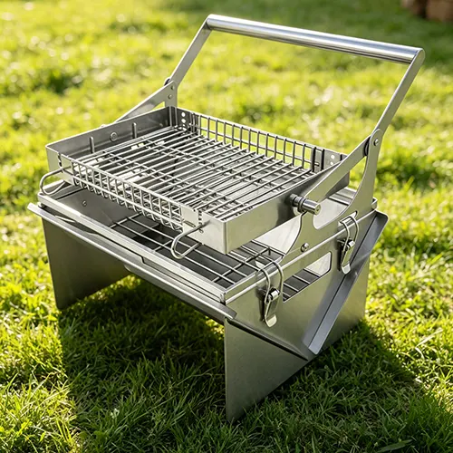 BBQ-Grill Camping-Wendegrill Der obere Grillrost kann durch den Griff um 360° gedreht werden, Holzkohlepfanne mit klappbaren Beinen