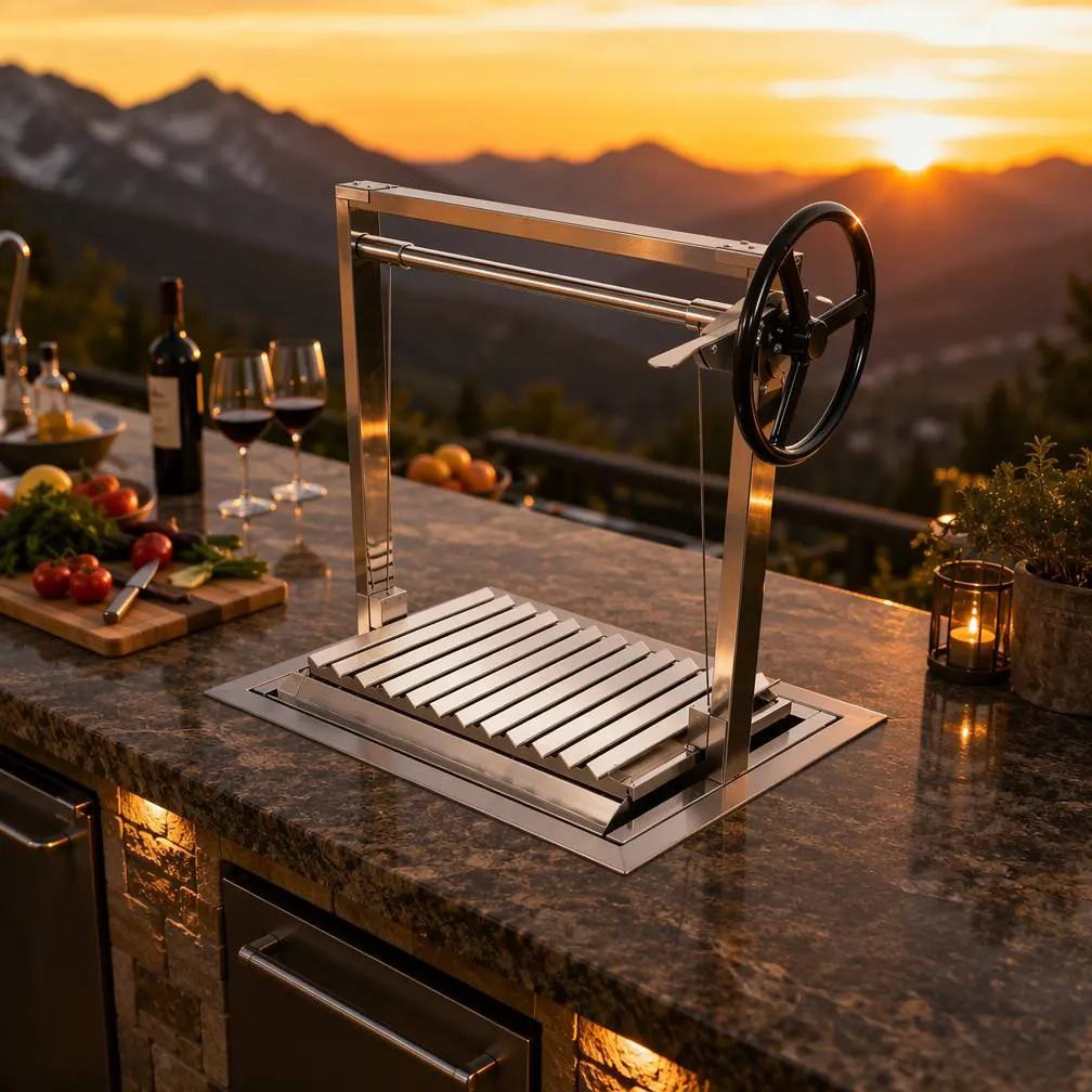 Edelstahl Asado Parrilla Top Holzfeuer Einbau-BBQ-Grill Argentinischer Santa Maria Grill mit Drehspießsystem