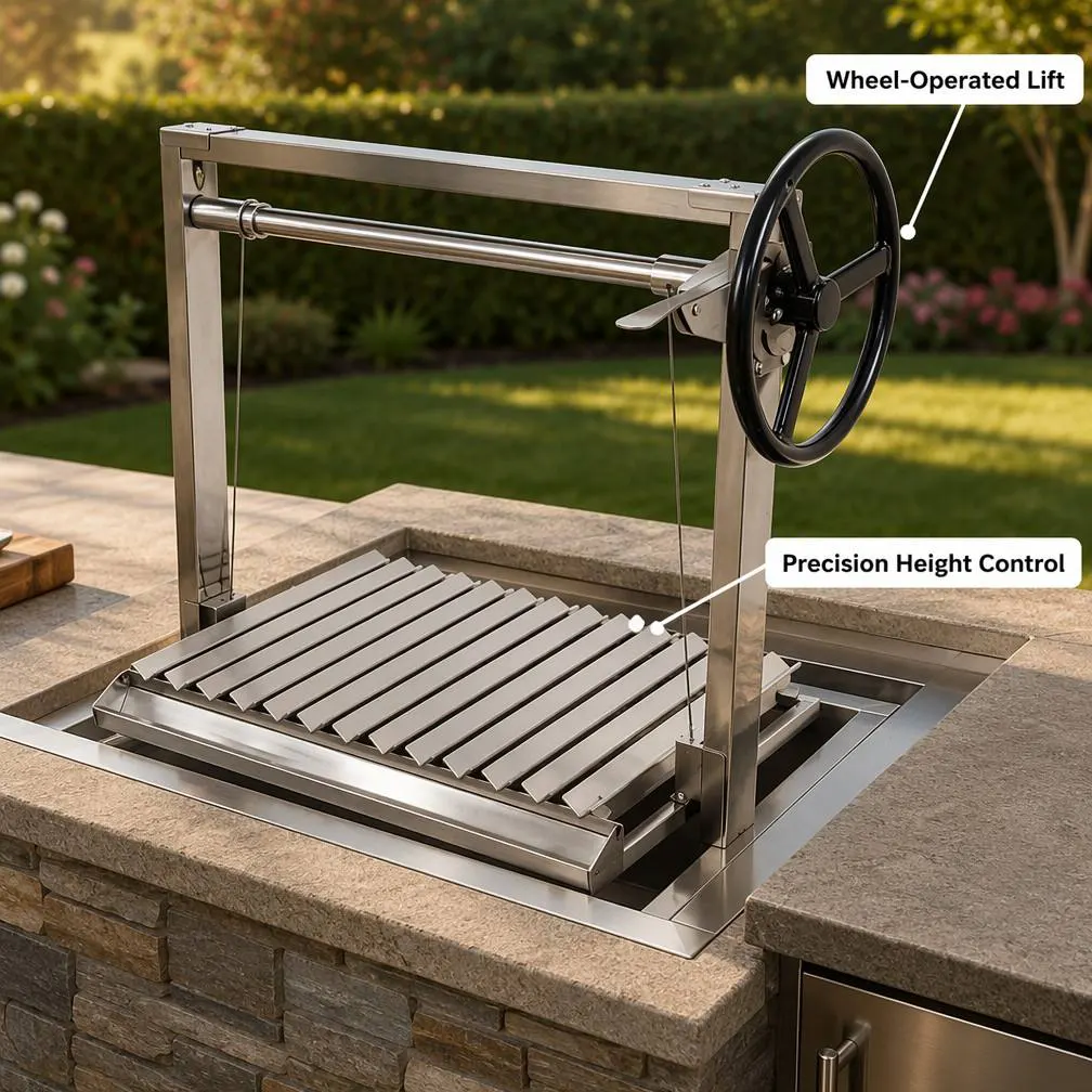Edelstahl Asado Parrilla Top Holzfeuer Einbau-BBQ-Grill Argentinischer Santa Maria Grill mit Drehspießsystem