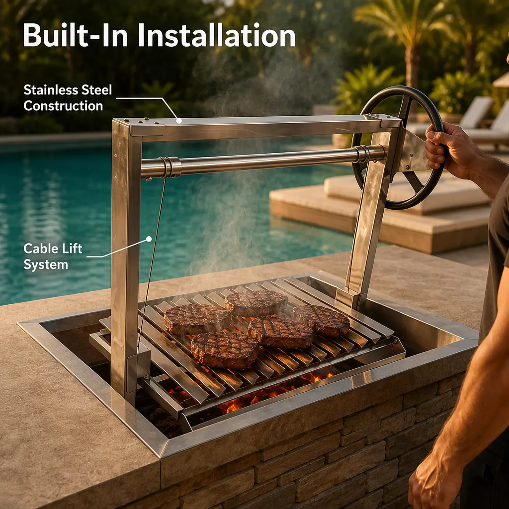 Edelstahl Asado Parrilla Top Holzfeuer Einbau-BBQ-Grill Argentinischer Santa Maria Grill mit Drehspießsystem