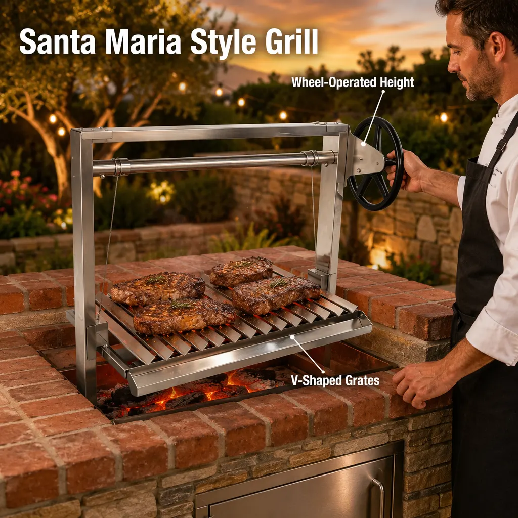 Edelstahl Asado Parrilla Top Holzfeuer Einbau-BBQ-Grill Argentinischer Santa Maria Grill mit Drehspießsystem